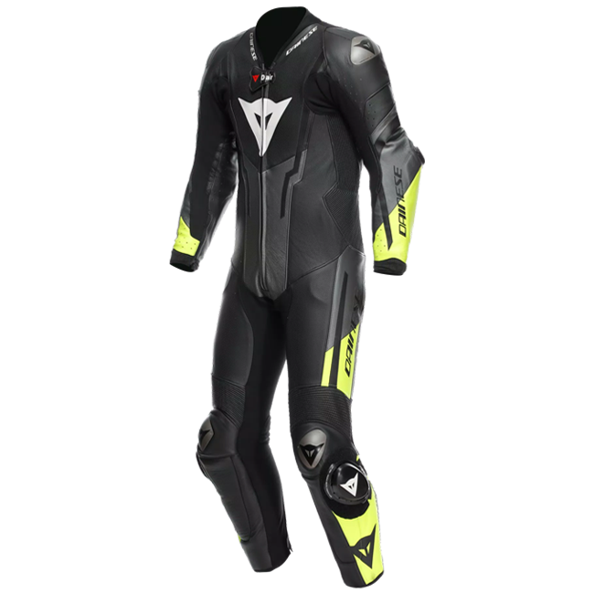 Dainese Misano 3 D-AIR® Tek parça deri kombine – Perforated hava yastıklı yarış kıyafeti | Erkek | Siyah/Neon Sarı 
