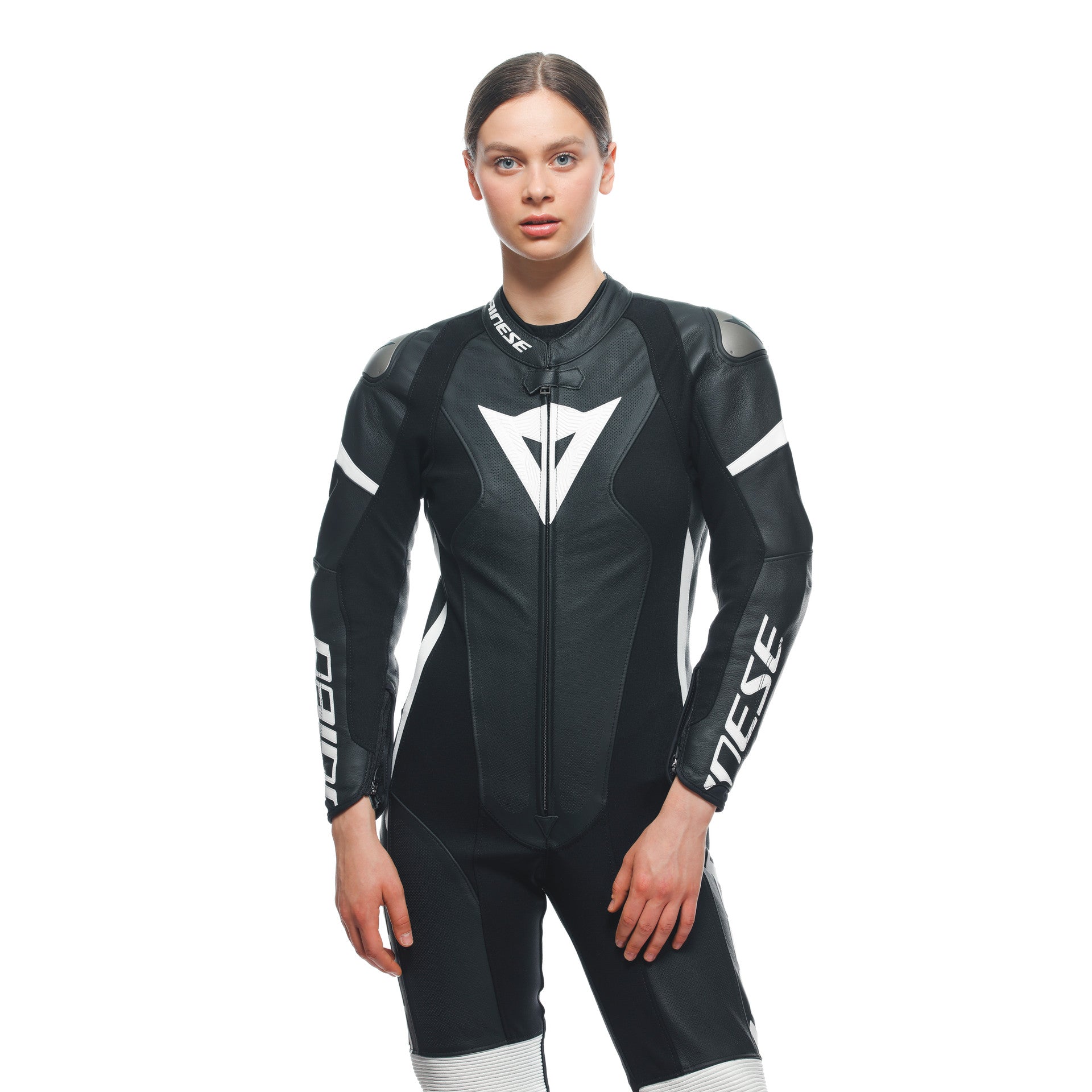 Dainese Grobnik Lady Tek Parça Deri Kombinasyonu – Perfore Yarış Tulumu | Kadın | Siyah/Beyaz 