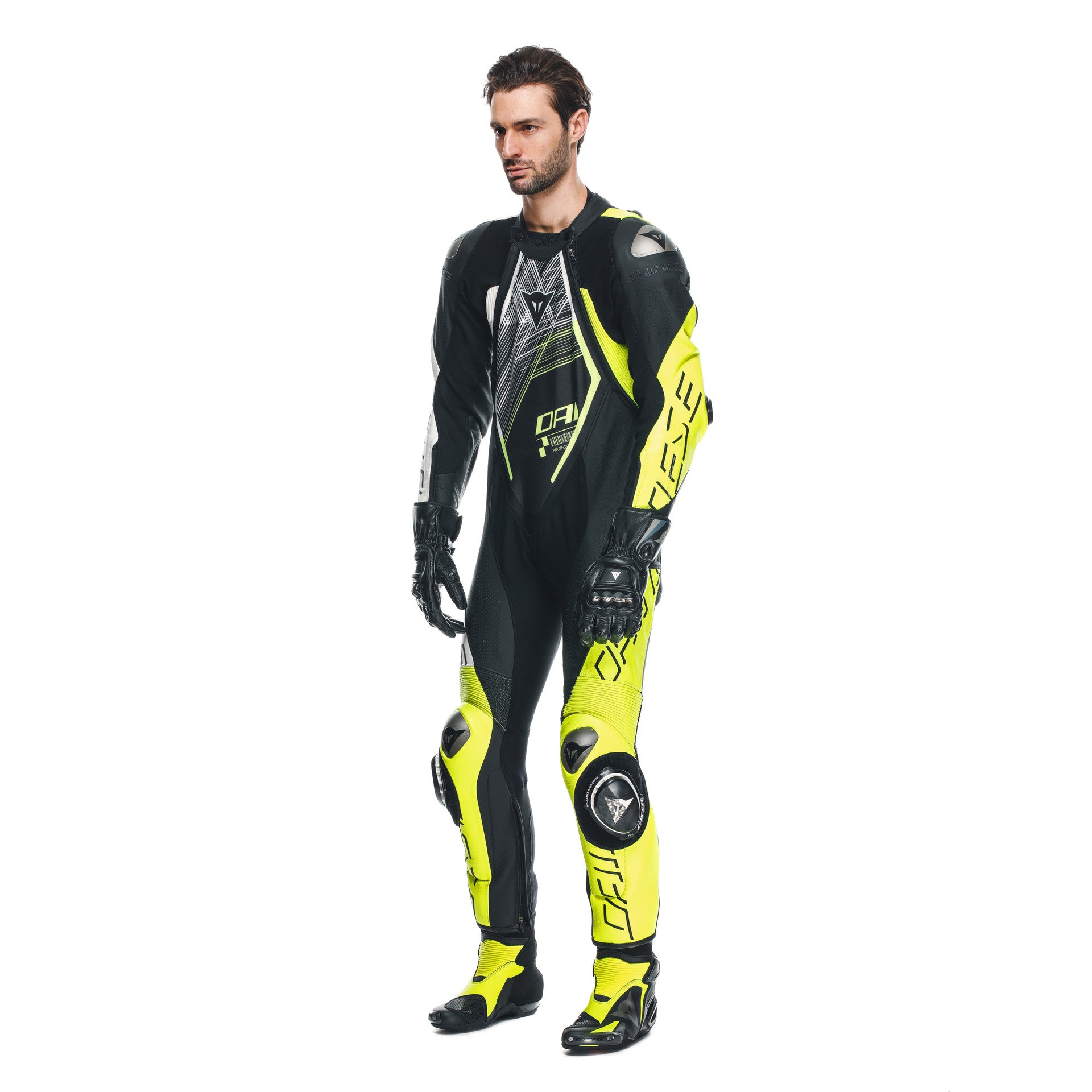 Dainese Audax D-ZIP Tek Parça Deri Kombinasyonu – Perfore Yarış Tulumu | Erkek | Siyah/Neon Sarı 