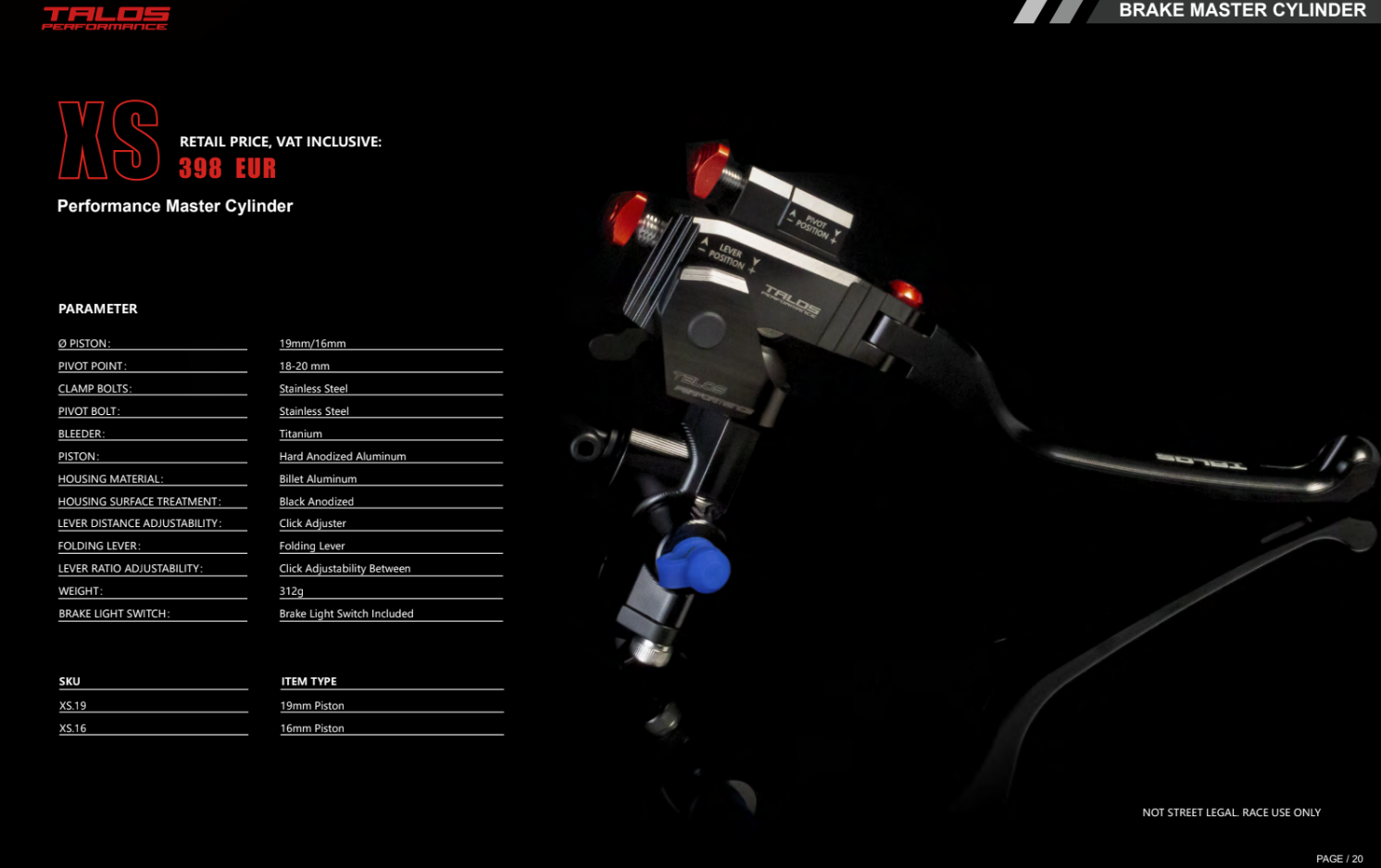 Talos CNC XS Radial Yarış Fren Pompası 16x18-20 | XS.16 