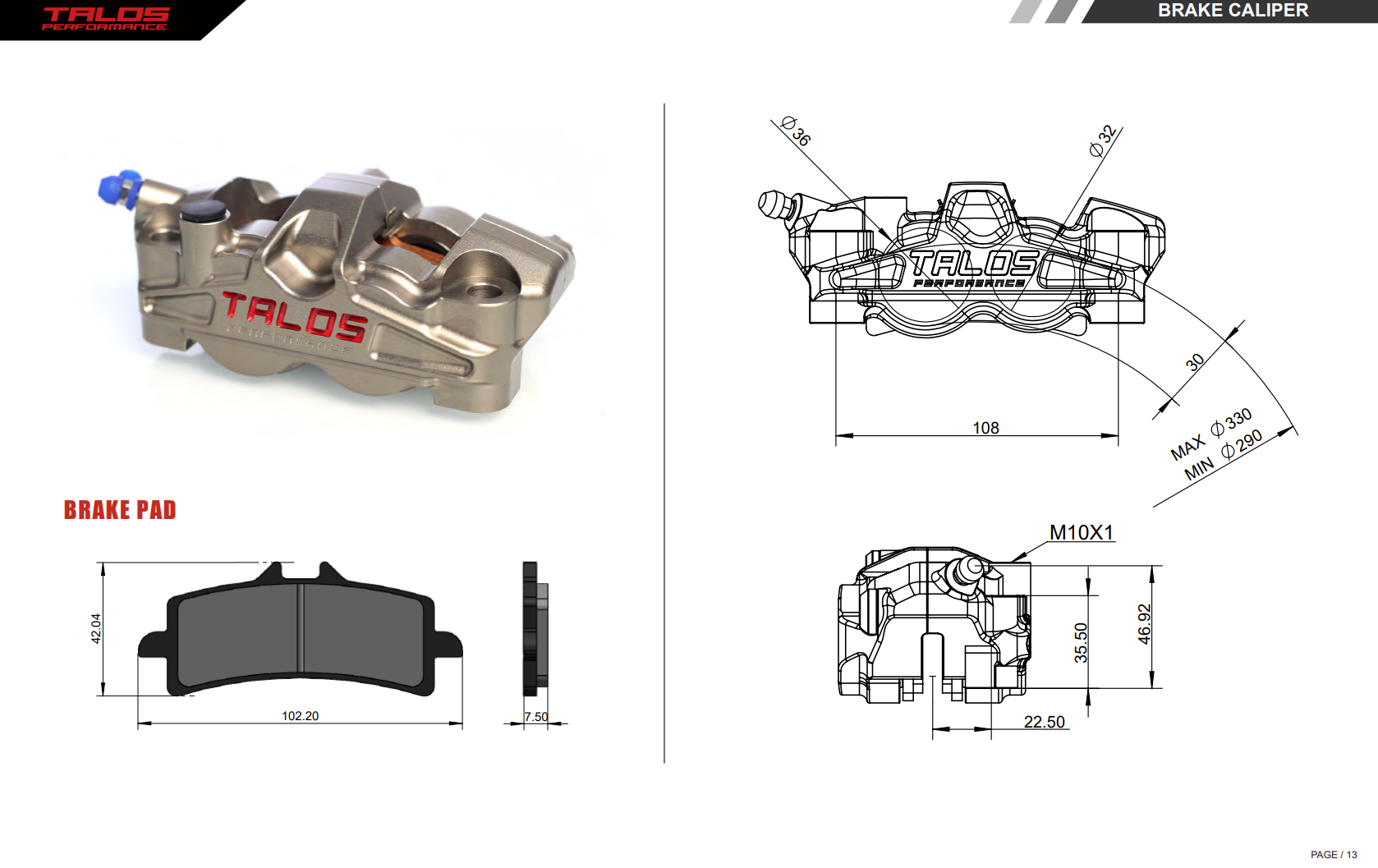 Talos X50 İki Parça P4 32/36 108mm Fren Kaliper Ön Sol | X50.108.HD.L 