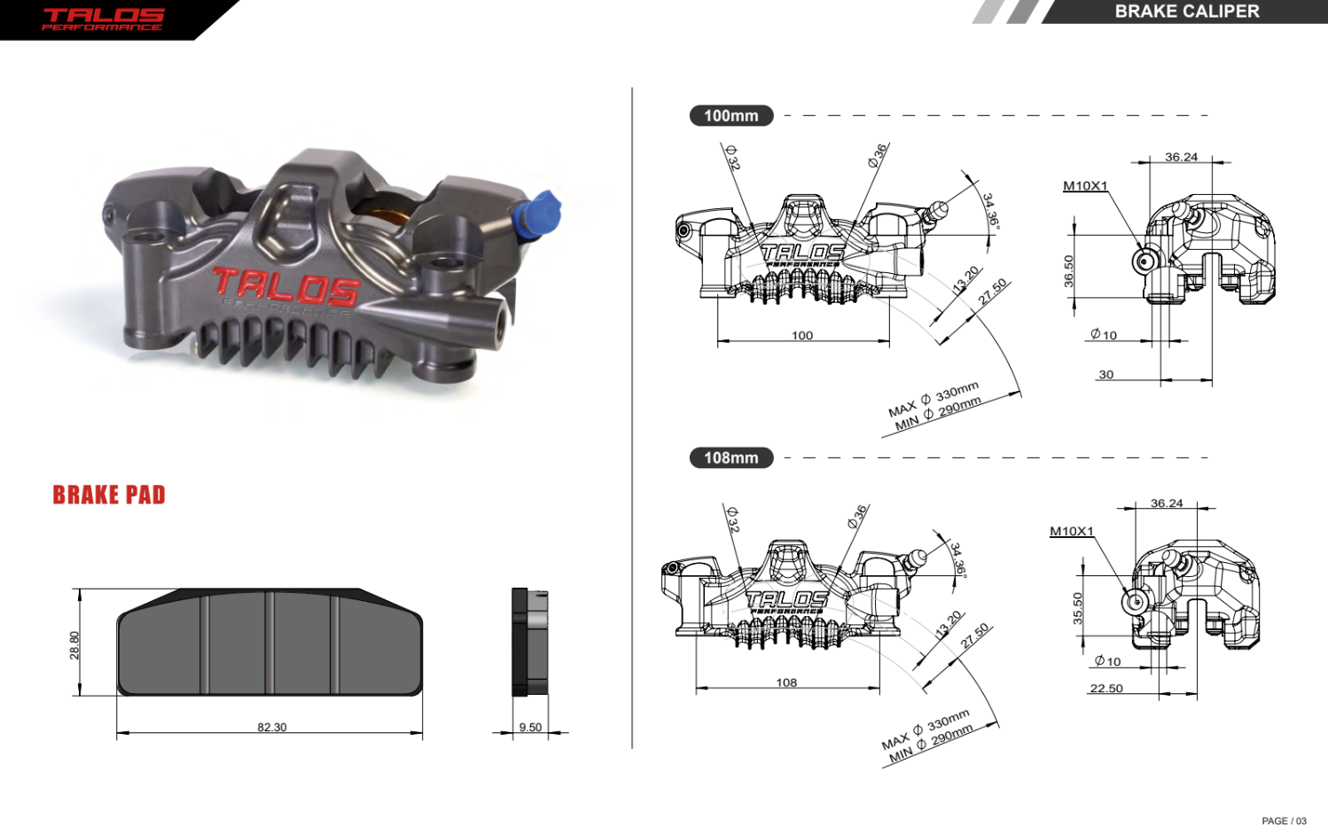 Talos X75 SBK Yarış Monoblok P4 32/36 108mm Fren Kaliper Ön Sol | X75.108.HD.L 