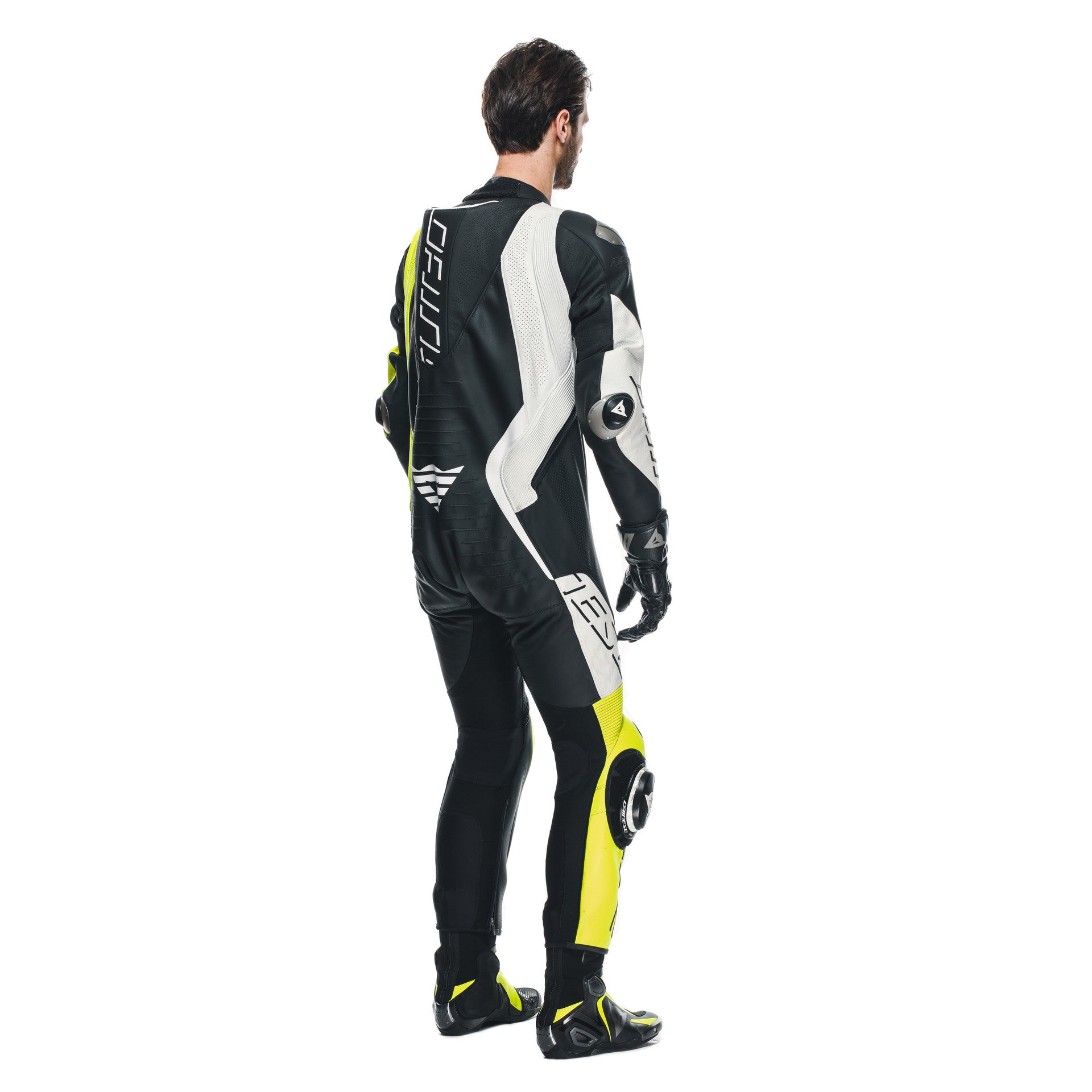 Dainese Audax D-ZIP Tek Parça Deri Kombinasyonu – Perfore Yarış Tulumu | Erkek | Siyah/Neon Sarı 