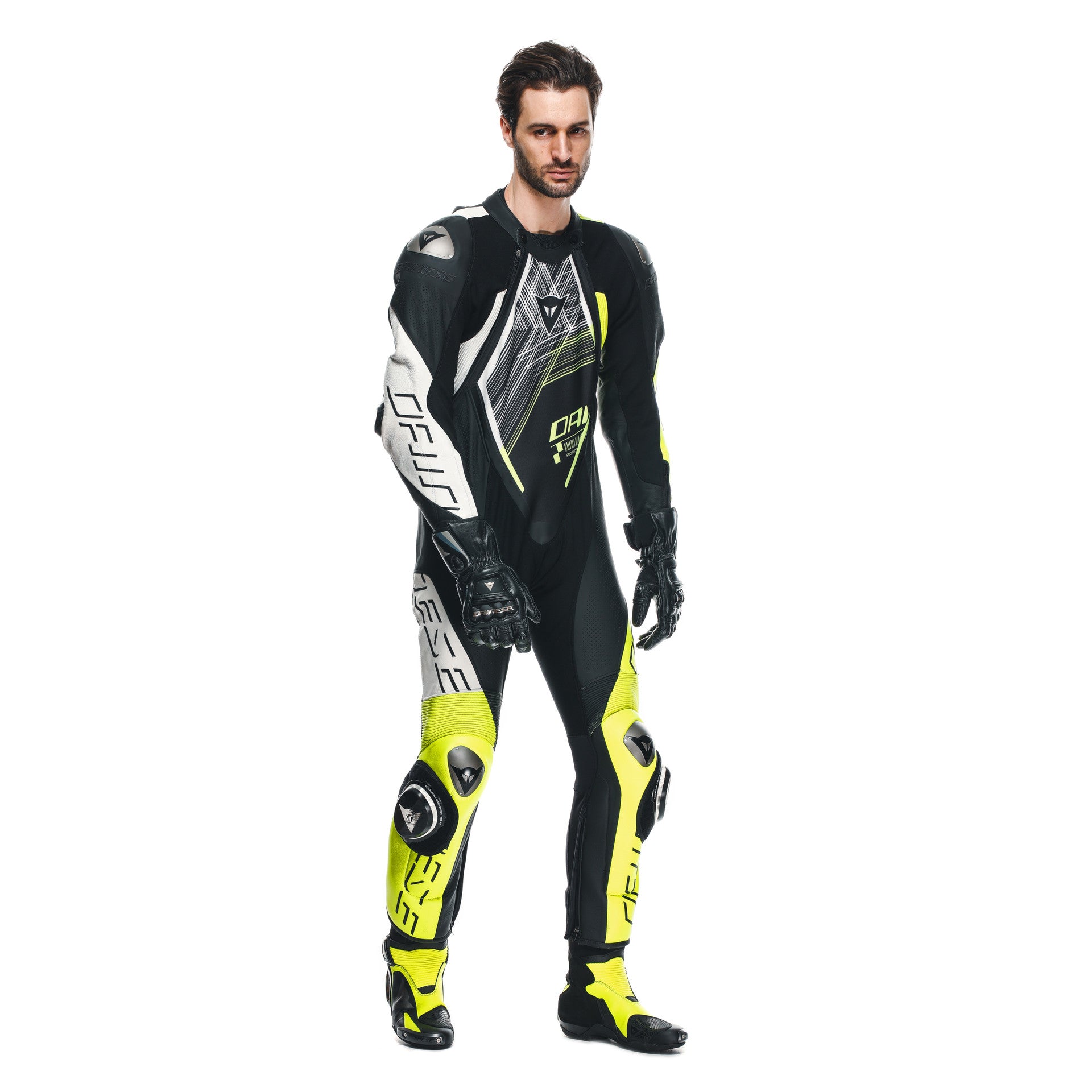 Dainese Audax D-ZIP Tek Parça Deri Kombinasyonu – Perfore Yarış Tulumu | Erkek | Siyah/Neon Sarı 