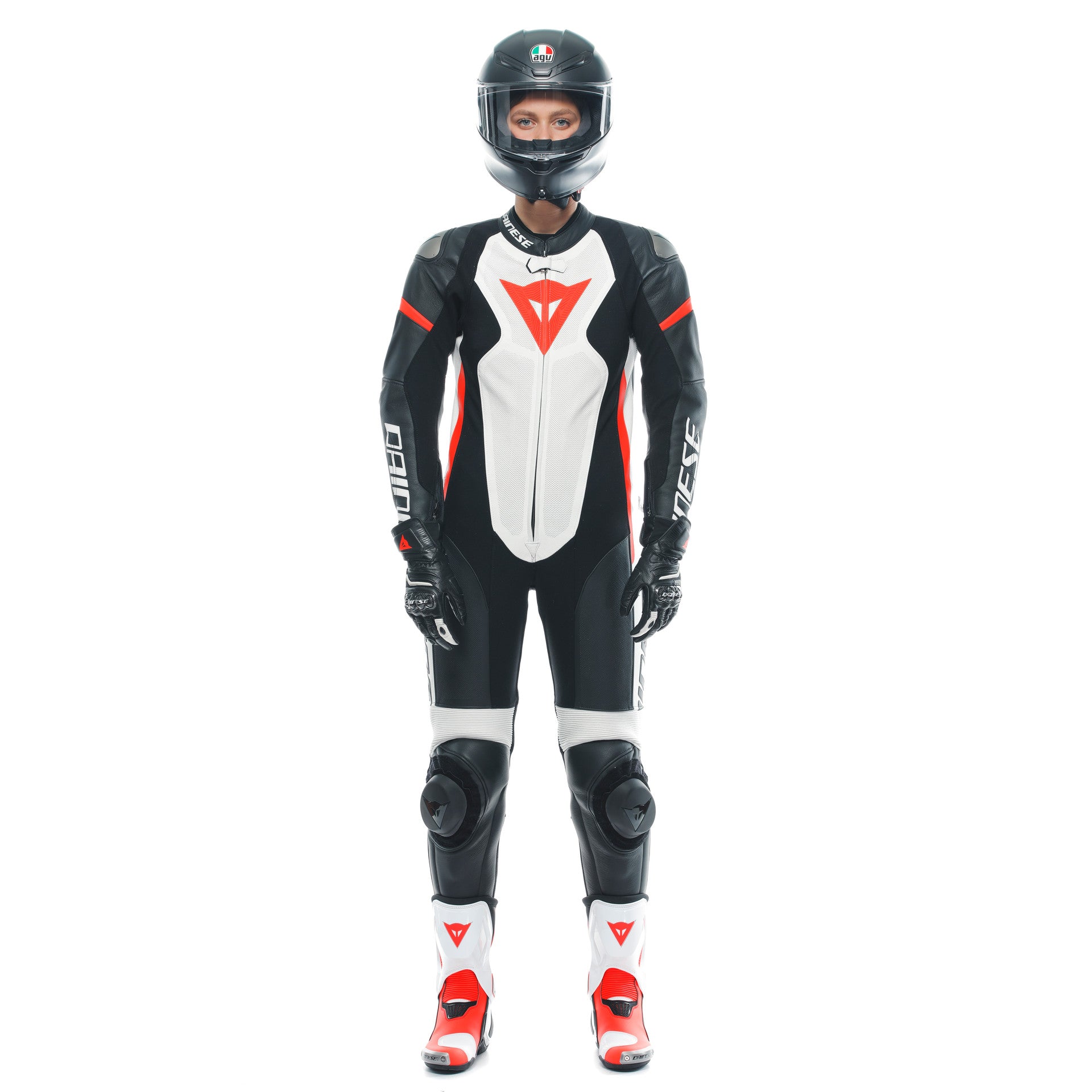 Dainese Grobnik Lady Tek Parça Deri Kombinasyonu – Perfore Yarış Tulumu | Kadın | Beyaz/Kırmızı 