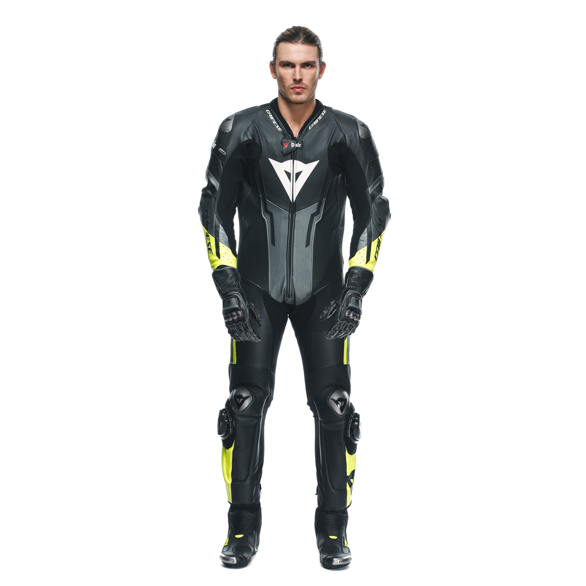 Dainese Misano 3 D-AIR® Tek parça deri kombine – Perforated hava yastıklı yarış kıyafeti | Erkek | Siyah/Neon Sarı 