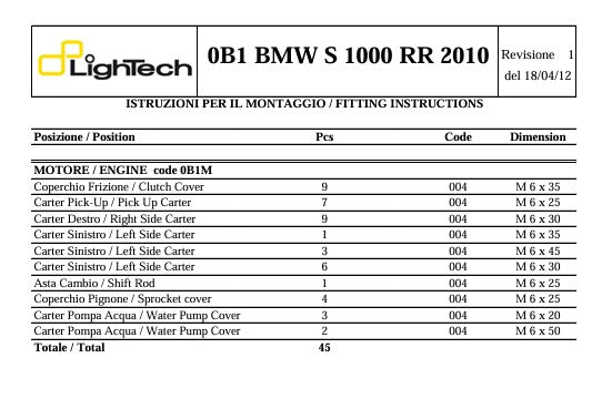 Alüminyum Motor Vida Seti LighTech BMW S1000RR K46 (09-14) 0B1M 