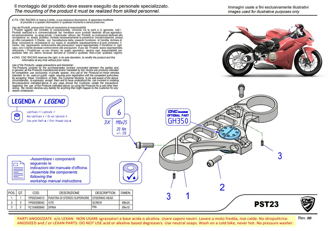 Troy Bayliss Sınırlı Üretim CNC Yarış Ducati Panigale V4/S (2025) PST23BTB Gidon Kelepçesi (ÜST) 