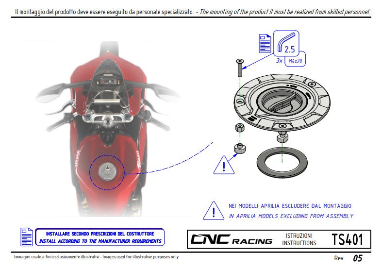 Ducati Panigale V4/S/R (25-26) TS401R için CNC Racing Livery Tricolore Hızlı Bağlantılı Yakıt Kapağı 