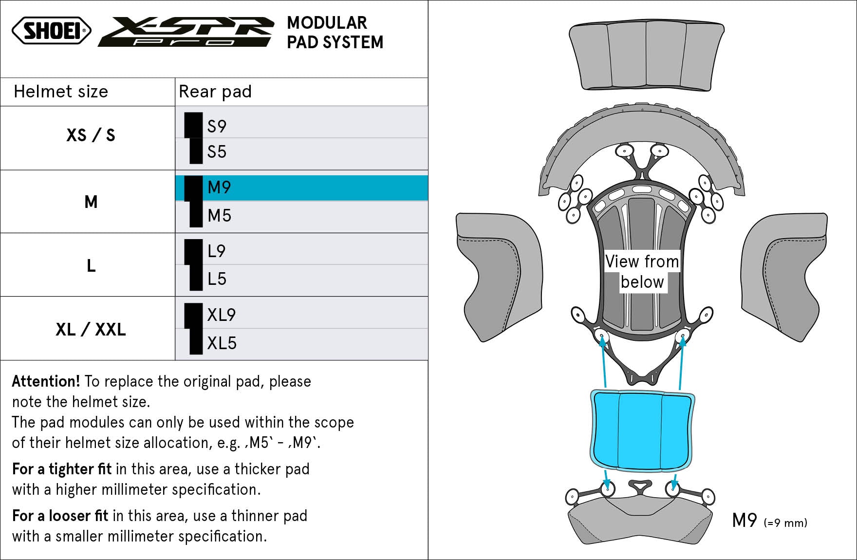 Shoei Arka Baş Yastığı M9 (XPRO) Type-P için X-SPR PRO 