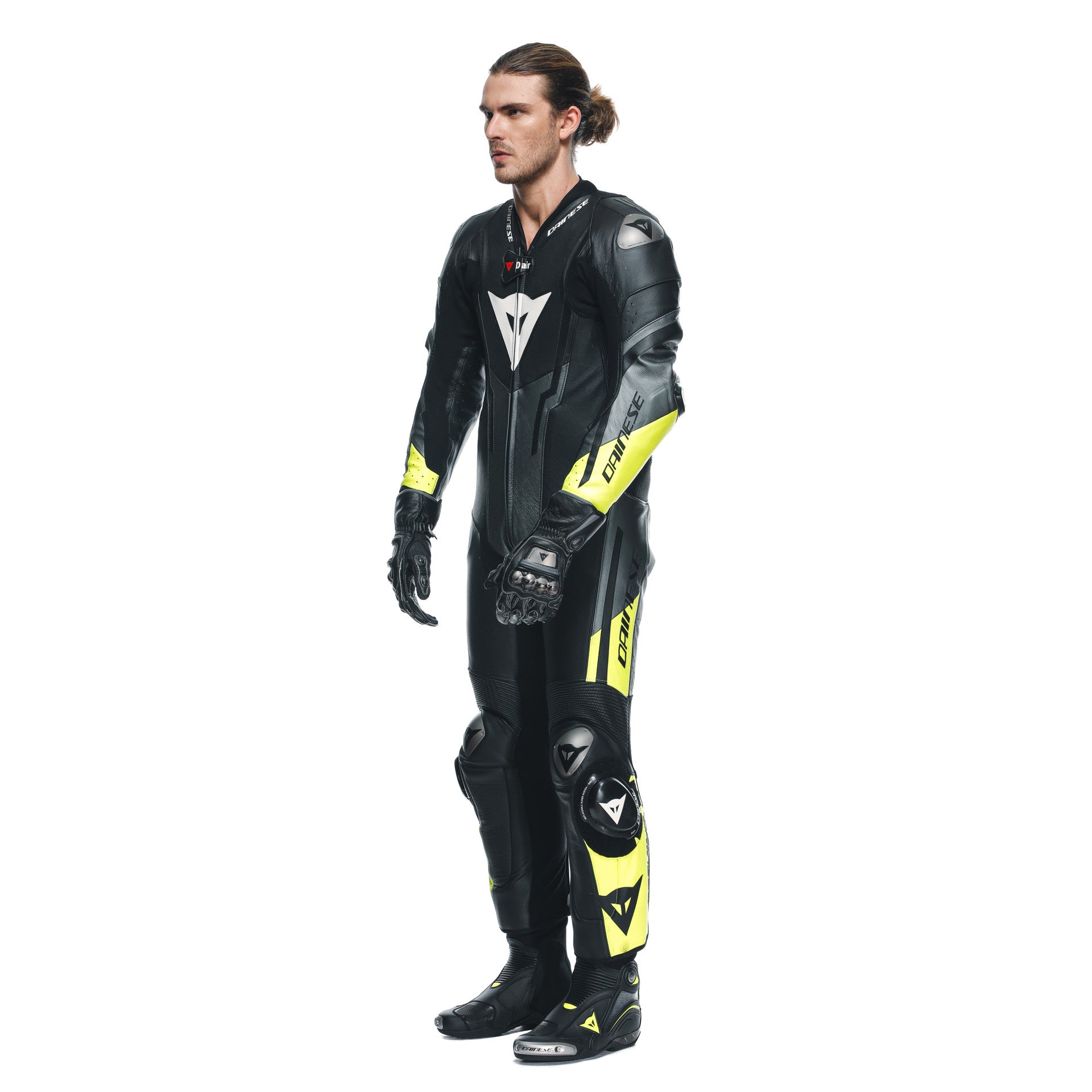 Dainese Misano 3 D-AIR® Tek parça deri kombine – Perforated hava yastıklı yarış kıyafeti | Erkek | Siyah/Neon Sarı 