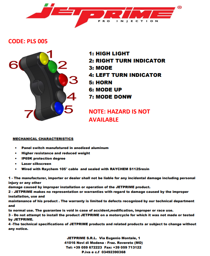 JetPrime Ducati Panigale 959 (16-19) için sol yönlü gidon anahtarı JP PLS 005 