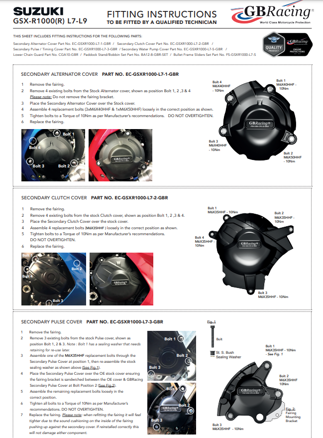 Motordeckel Koruyucular Komplettset GBRacing Suzuki GSX-R 1000 (17-23) 