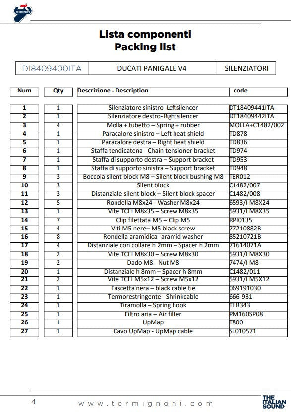 Termignoni Slip-On Kiti Siyah Versiyon Ducati Panigale V4/S/R (18-24) D18409400INA 
