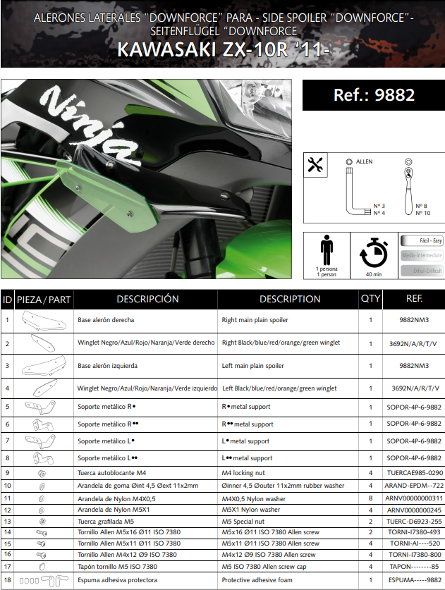 Puig Kanatçıklar Spoiler Ağırlık Kuvveti Kawasaki ZX-10 R/RR (11-20) 9882 