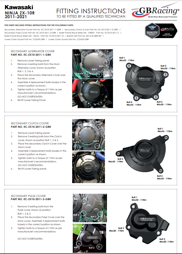 Motor kapağı Koruyucular Tam set GBRacing Kawasaki ZX-10 R/RR (11-20) 