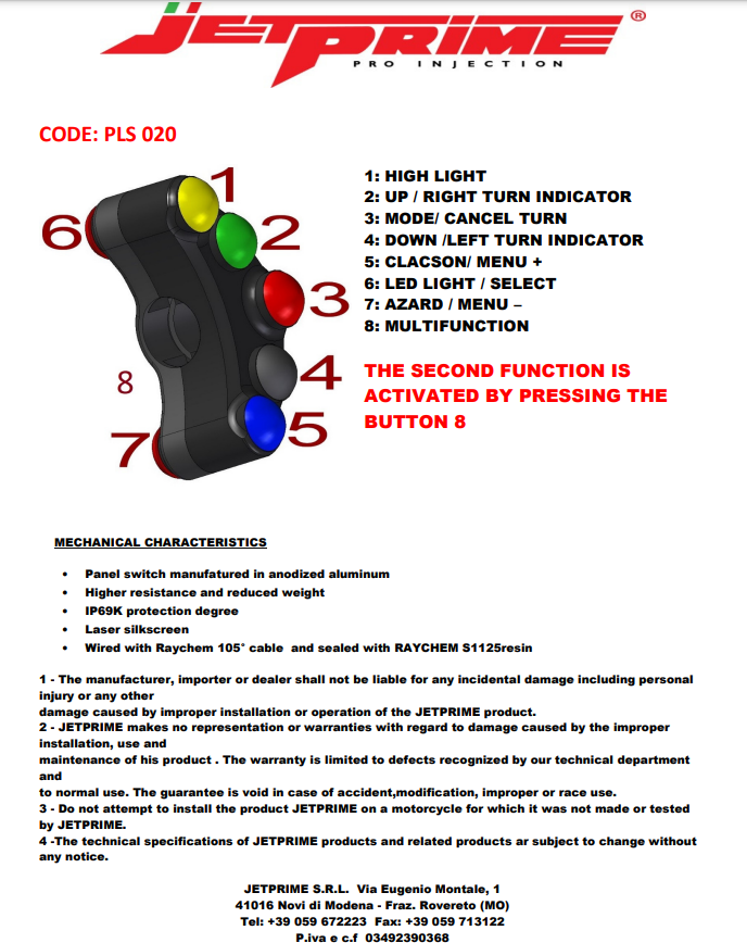 JetPrime Ducati Panigale V4/S/R (18-24) için sol Lenkerschalter Race JP PLSR 020 