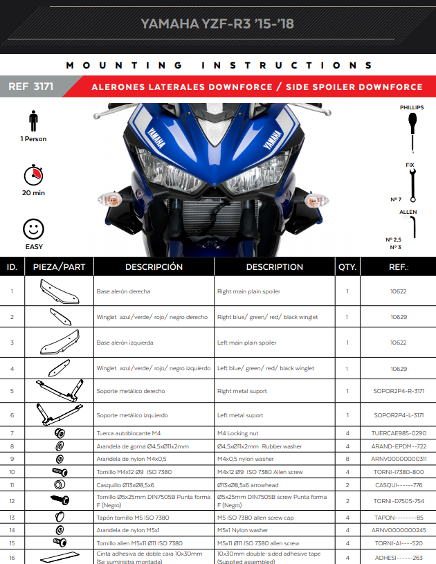 Puig Kanatçıklar Spoiler Ağırlık Yükü Yamaha YZF-R3 (15-18) 3171 