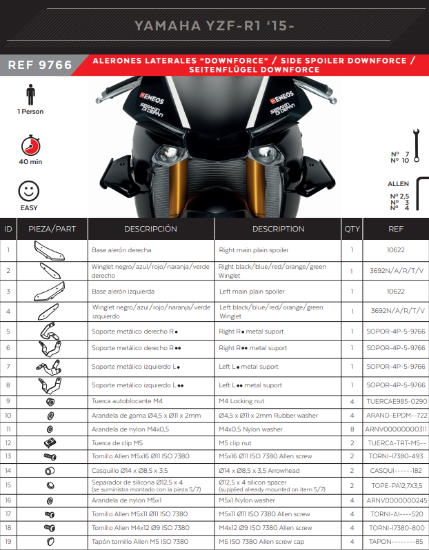 Puig Kanatçıklar Spoiler Aşağı Basınç Yamaha YZF-R1/M RN32 RN49 (15-19) 9766 