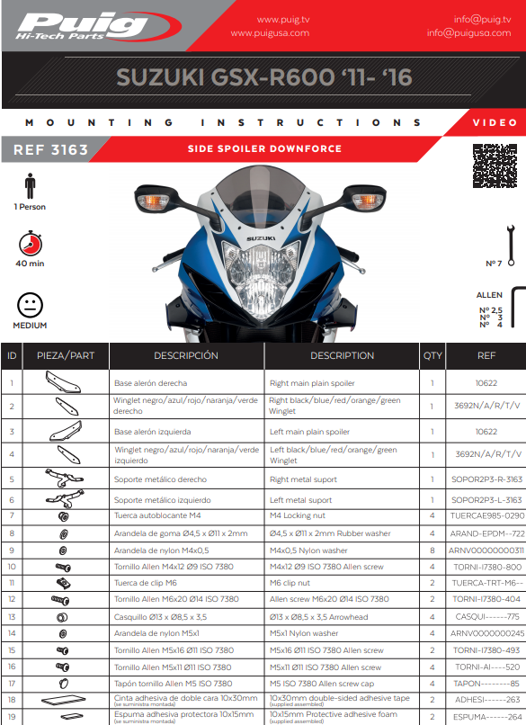 Puig Kanatçıkları Spoiler Ağırlık Suzuki GSX-R 600/750 (11-16) 3163 