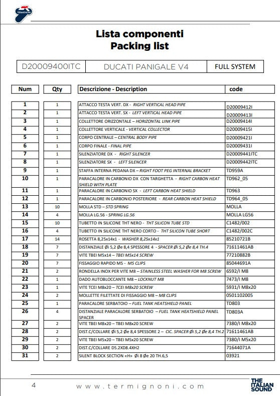 Termignoni Tam Sistem Paslanmaz Çelik D200 RHT Ducati Panigale V4 R (19-24) D20009400ITC 