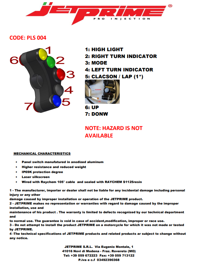 JetPrime Kawasaki ZX-10 R/RR (16-20) JP PLS 004 için sol taraf Lenkerschalter Street 