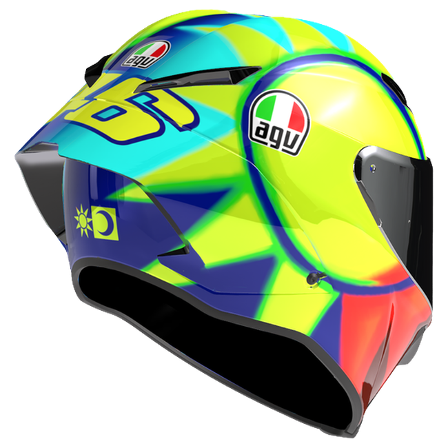 AGV Pista GP RR S Soleluna 2021 Valentino Rossi Replica Integral-Rennhelm, Dreiviertelansicht von hinten