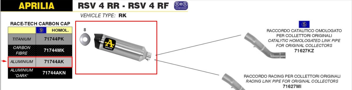 Arrow Slip-On Race-Tech Alüminyum Aprilia RSV4/RR/RF (15-16) 71744AK 