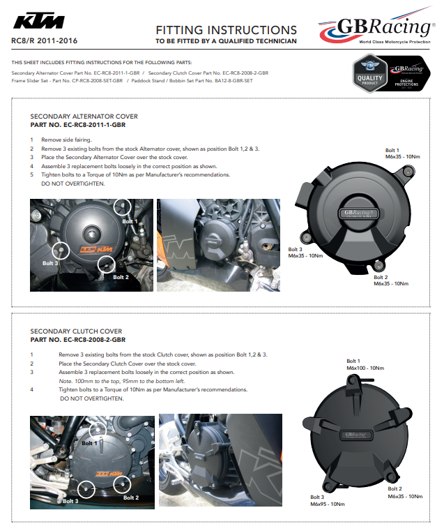 Motor kapağı Koruyucular Komple set GBRacing KTM RC8/R 1190 (11-16) 