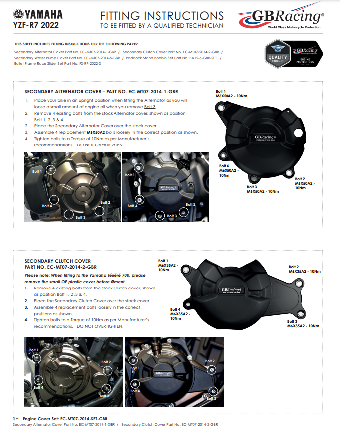 Motor kapağı Koruyucular Komple set GBRacing Yamaha YZF-R7 (21-26) 