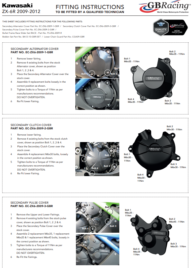 Motor kapak Koruyucular Komplettset GBRacing Kawasaki ZX-6R/636/RR (09-12) 