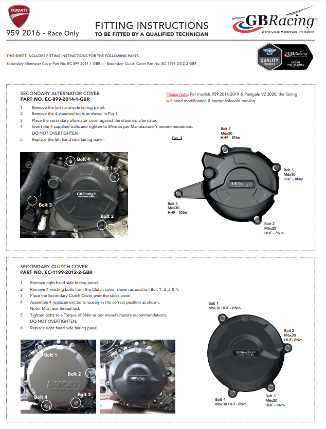 Motor kapağı Koruyucular Komple set GBRacing Ducati Panigale 959 (16-19) 